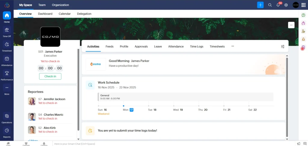 Zoho People HR dashboard for attendance, leave and employee management