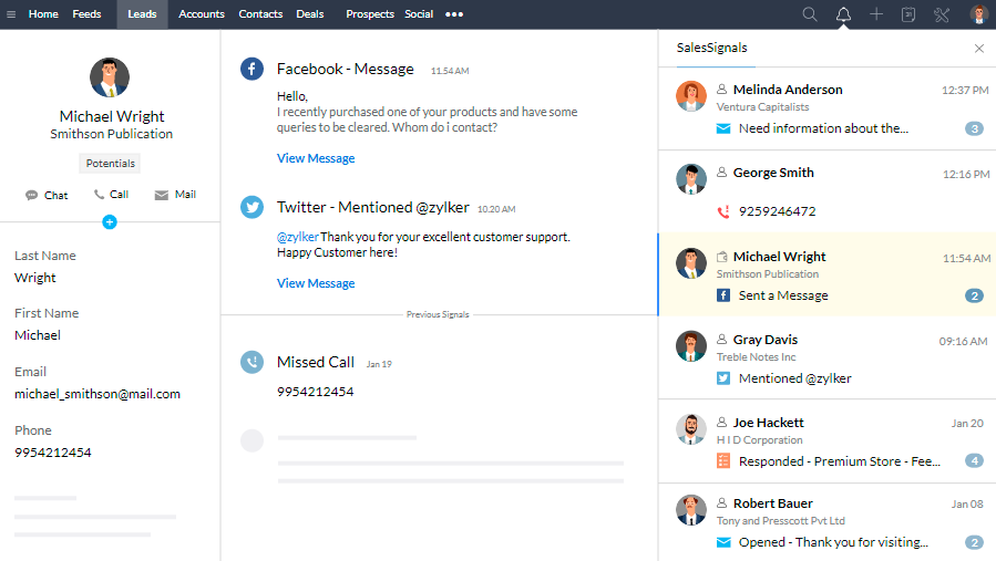 Zoho CRM lead engagement and SalesSignals