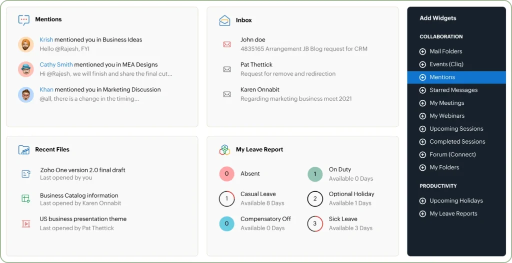 Zoho collaboration tools for email, file sharing and team communication